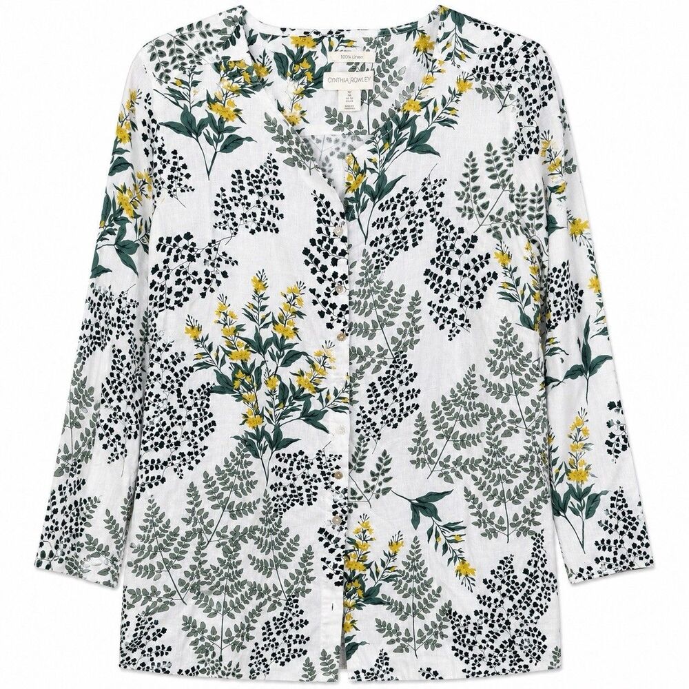 Cynthia Rowley 100% Linen Top Womens 1X Plus Floral Botanical Cottagecore